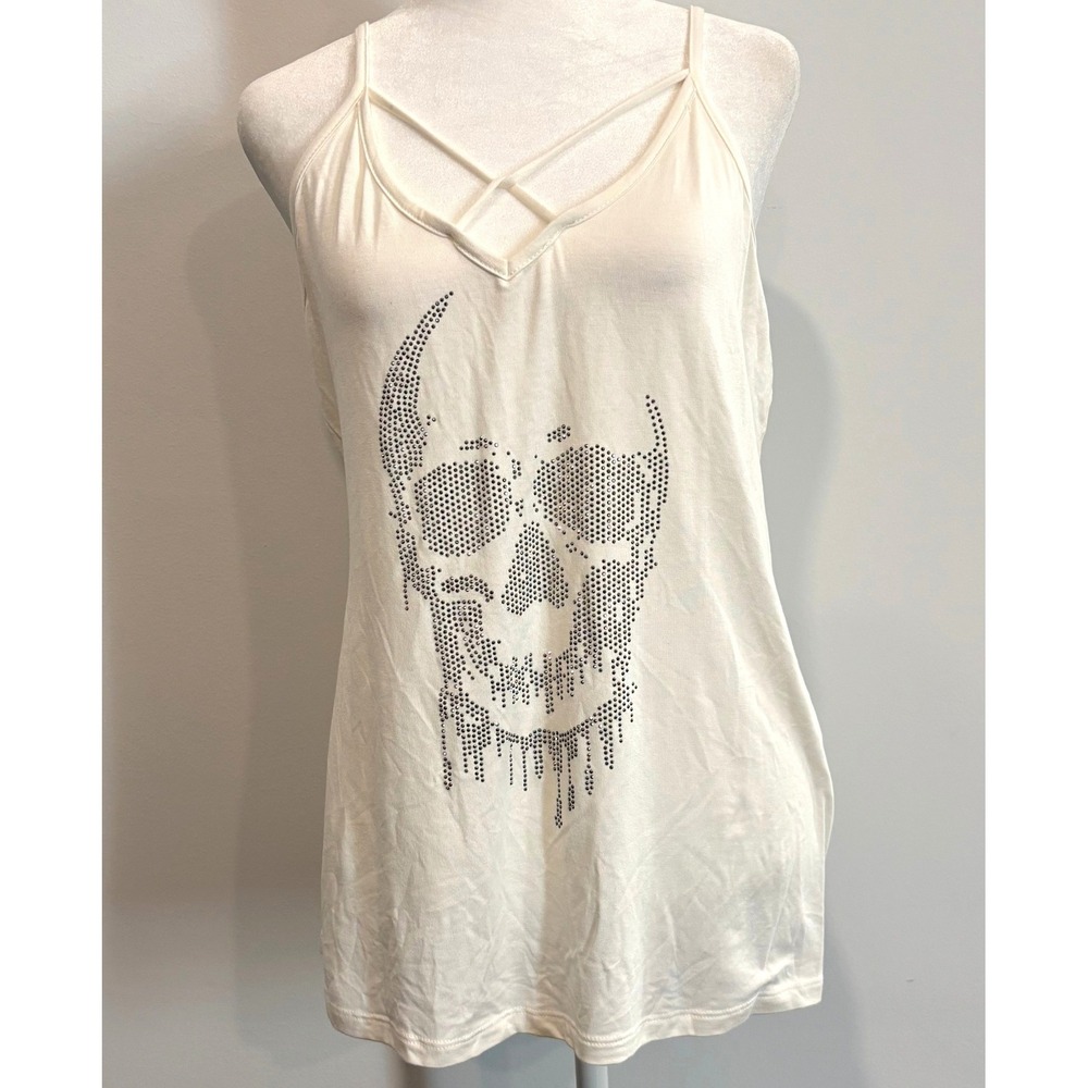 Vocal Womens Cami Tank Top Large Rhinestone Skull Strappy Goth Edgy Biker 21524